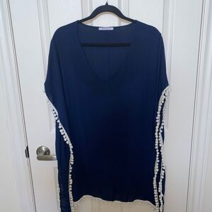 Navy Pom-Trim Swim Cover-Up